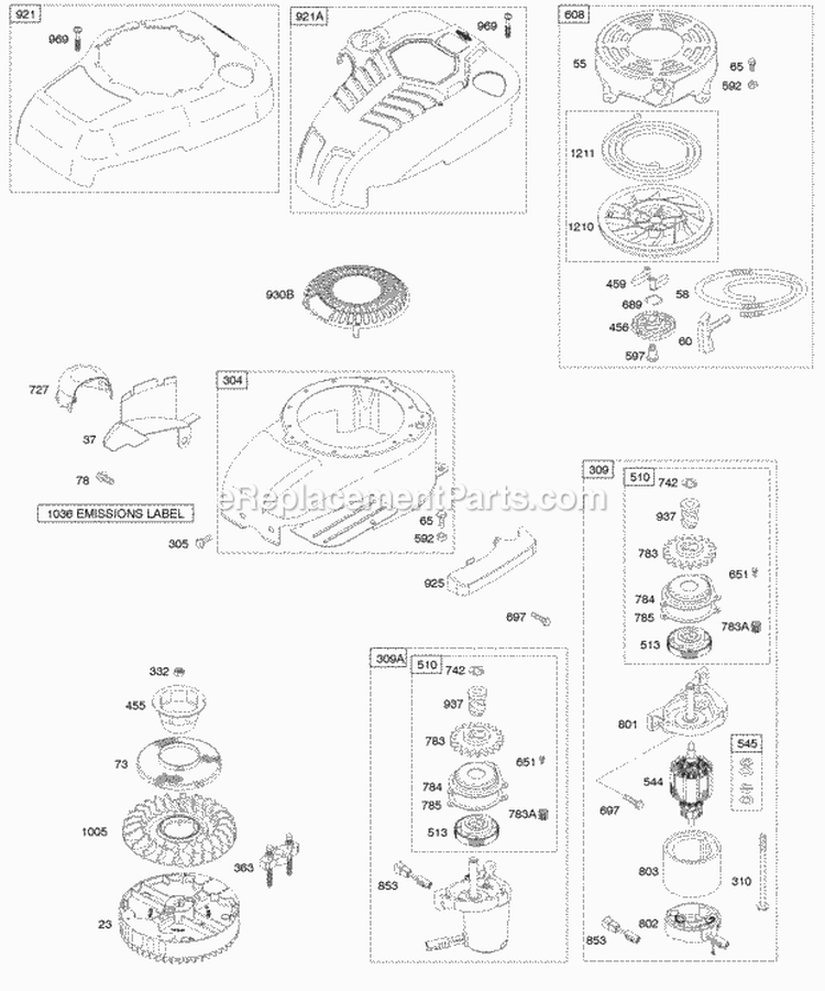 Blower HousingShrouds Elecrtic Starter Flywheel Rewind Starter Diagram and Parts List for 122672-0156-B1  Briggs and Stratton Engine